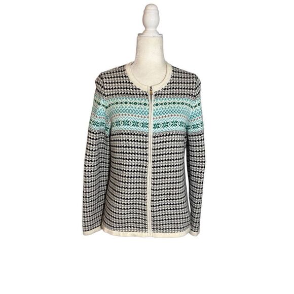 Talbots houndstooth cotton front zip cardigan - M - Picture 1 of 7